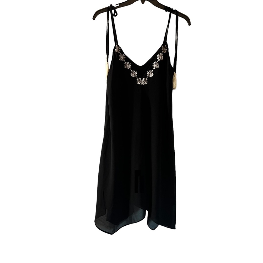 F&P black midi dress embroidered details V-neck spaghetti strap with tassels
